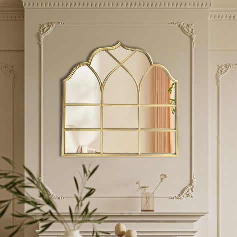 PRICES MAY VARY. 【Unique Design】This long cathedral mirror window features a Moroccan-inspired arch. Golden metal frame and windowpane make this grid mirror sturdy, which touch to kinds of wall home decor styles 【Premium Material】The composite iron frame grid and MDF board back construction ensures durability and stability. The window mirror size is around 30x30 inches, the weight is about 19.4 pounds. 【Versatile & Functional】There are two hole slots on back, easy to hang the scalloped wall mirr Gold Arch Mirror Living Room, End Of The Hallway Decor, Gold Window Mirror, Fireplace Mantle Decor With Mirror, Mantle Decor With Mirror, Mirror In Dining Room, Living Room Wall Mirrors, Long Wall Mirror, Large Arch Gold Mirror