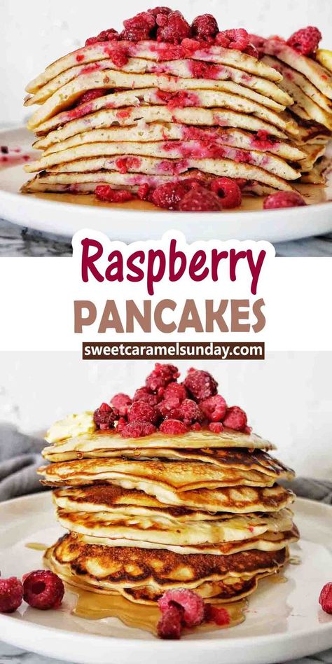 Raspberry Pancakes and quick and easy to make! Sweet and simple to serve with raspberries, maple syrup and butter, they make the perfect breakfast! Be it the weekend or brunch they will tick all of your boxes! #easyrecipe @sweetcaramelsunday Raspberry Pancakes Recipe, Gluten Free Brunch Recipes, Raspberry Breakfast, Raspberry Pancakes, Easy Banana Pancakes, Gluten Free Brunch, Apple Cinnamon Pancakes, High Protein Pancakes, Butter Pancakes