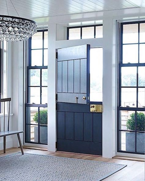 RIM LOCK | COBALT LACQUERED DUTCH DOOR | FRAMED IN STEEL WINDOWS Dutch Doors Exterior, Casa Vintage, Dutch Door, Mobil Home, Island House, Interior Barn Doors, Modern Country, The Ceiling, Exterior Doors