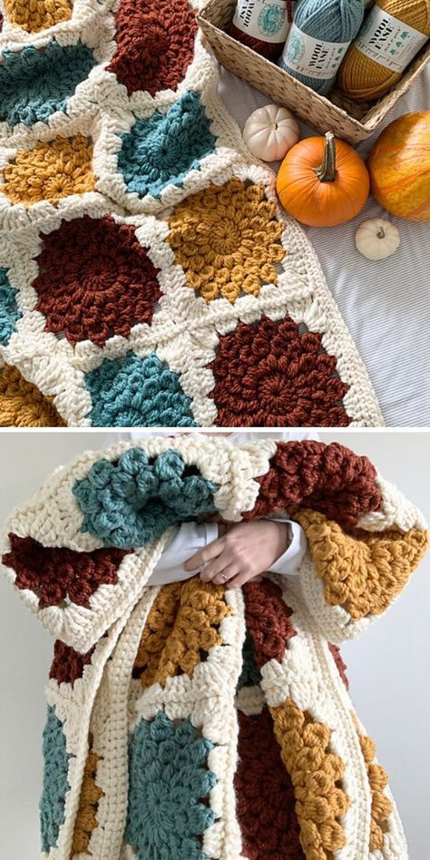 Crochet For Homeless Projects, Crochet Mood Blanket Pattern, Cottagecore Crochet Projects, Yup Yup Crochet Pattern, Granny Square Afghan Pattern, Earthy Crochet Blanket, Granny Square Flower Crochet Pattern, Crochet Patch Blanket, Fall Crochet Patterns Free Ideas