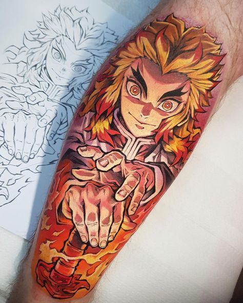 O T A K U T A T T O O on Instagram: “Flame Pillar Rengoku for Liam! Cheers dude! Just like any train in the UK, Mugen Train is taking ages to get here 😐 • Simonkbell.com for…” Bleach Tattoo, Slayer Tattoo, Hunter Tattoo, Attack On Titan Tattoo, Manga Tattoo, Omerta Tattoo, One Piece Tattoos, Naruto Tattoo, Cartoon Character Tattoos