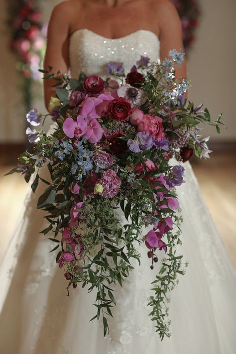 Cascading purple wedding bouquet with lavender wedding flowers | Elegant Purple Wedding Inspiration With A Regal Touch -Sherri Barber Photography Wedding Flowers Elegant, Bouquet With Lavender, Elegant Purple Wedding, Vineyard Wedding Inspiration, Barber Photography, Purple Wedding Inspiration, Lavender Wedding Flowers, Romantic Rustic Wedding, Purple Wedding Bouquets