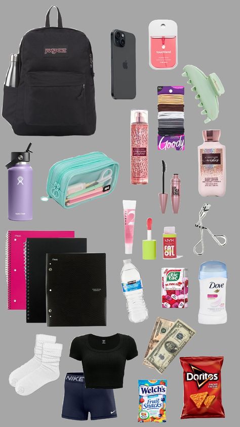 backpack essentials🙌🤪 Senior Year Backpack Essentials, Backpack Essentials Middle School, Backpack Essentials Highschool, School Packing, Locker Essentials, College Backpack Essentials, Inside Backpack, High Sierra Backpack, Travel Backpack Essentials