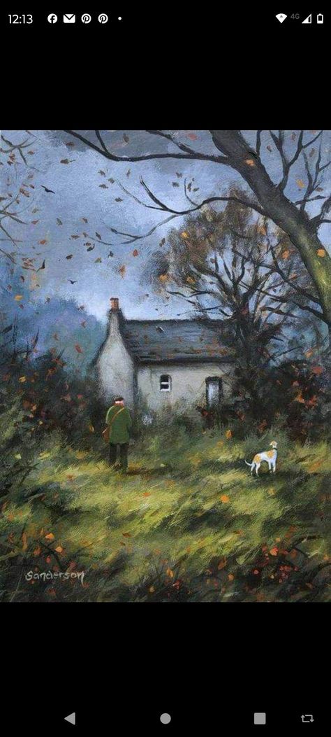 Steve Sanderson Art, Whimsical Art Illustrations, Autumn Artwork, Autumn Walk, Leaves Falling, Autumn Illustration, Cottage Art, Tableau Art, A Hill