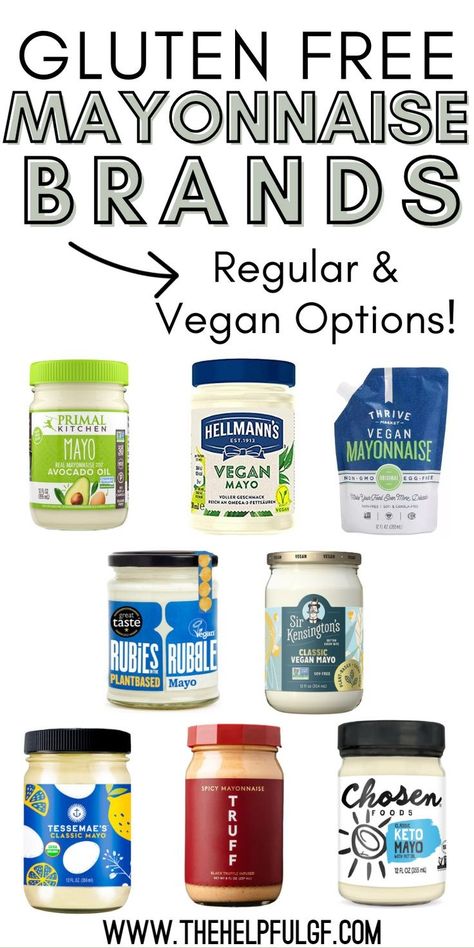 This article answers the question “Is Mayonnaise Gluten-Free?” + includes a gluten free food list of store bought gluten free mayo brands (including dairy free mayo, keto mayo & vegan / vegetarian mayo) & where to buy them. This post even includes 3 gluten free mayo recipes to try! You want these pantry items for your gluten free diet! Perfect for those with celiac disease and living a gluten free lifestyle Keto Mayo, Dairy Free Mayo, Mayonnaise Brands, Gluten Bread, Gluten Free Food List, Gluten Free Pantry, Dairy Snacks, Gluten Free Guide, Gluten Free Brands