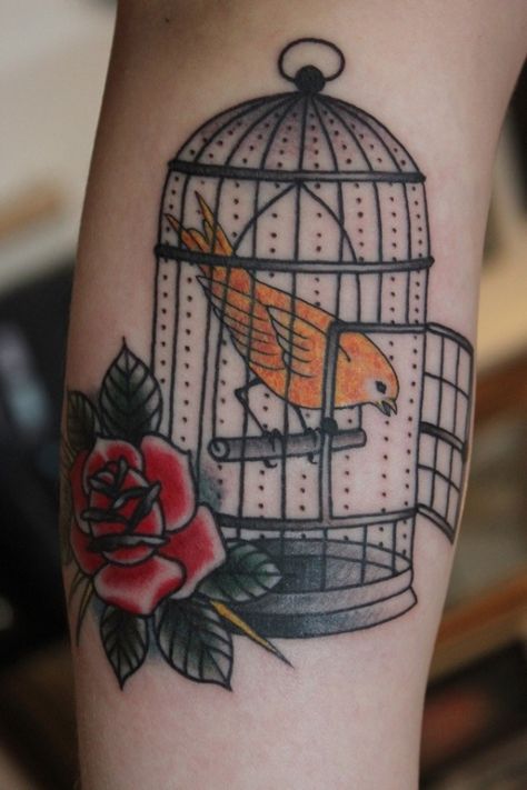 Once again, another birdcage tattoo that inspires me! Canary Tattoo, Red Canary, Birdcage Tattoo, Cage Tattoo, Bird Tattoo Men, Cage Tattoos, Bird In A Cage, Bird Tattoo Wrist, Flying Bird Tattoo