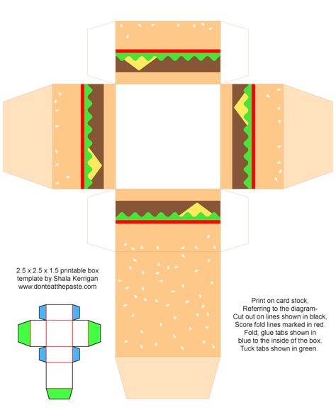 Printable cheeseburger box- also available with a cute face. Box Template Printable, Food Paper, Bored Jar, Paper Box Template, Food Template, Printable Box, Buku Harry Potter, Paper Toys Template, Papercraft Printable