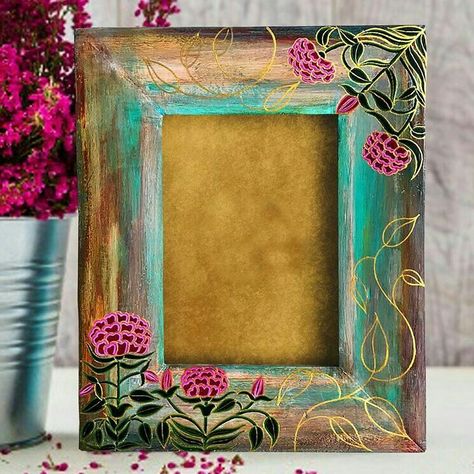 Boho Picture Frames, Hippie Pictures, Medium Acrylics, Pic Frame, Wood Mirrors, Painted Frames, Painted Picture Frames, Mirror Paint, Hand Painted Frames