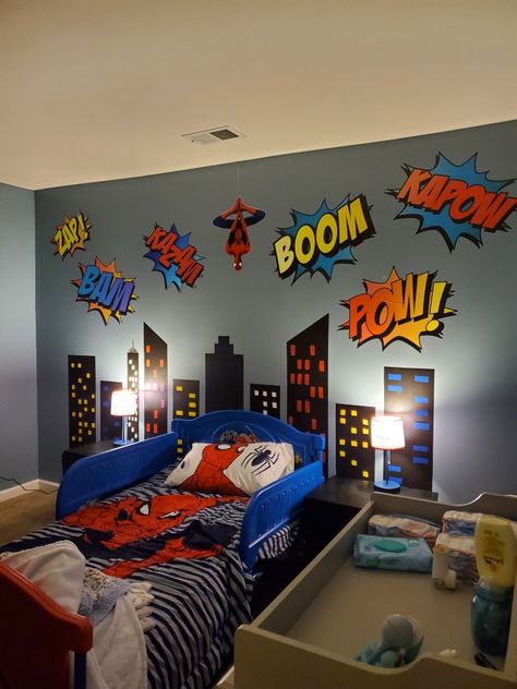 Superhero Bedroom Paint Ideas, Superhero Themed Room, Superhero Themed Bedroom, Super Hero Bedroom Kids Rooms, Kids Spiderman Bedroom, Toddler Boy Superhero Bedroom, Boys Bedroom Ideas Age 4, Spidey Room Decor, Toddler Boy Room Superhero