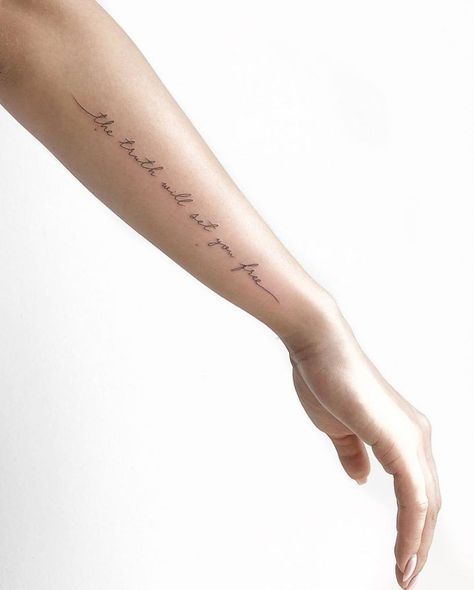 Tattoo Lower Arm, Arm Writing Tattoo, Forearm Script Tattoo, Forearm Word Tattoo, Female Photos, Arm Quote Tattoos, Side Arm Tattoos, Font Tato, Tattoos Female