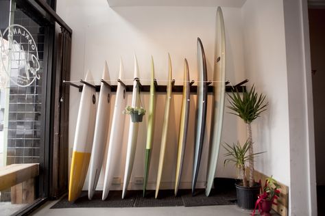 Creative Ways to Clear Out Your Summer Inventory Surf Shop Aesthetic, Surfboard Wall Rack, Surfboard Storage, Surf Rack, Surfboard Rack, Surf Lodge, Surf Room, Board Storage, Kayak Storage