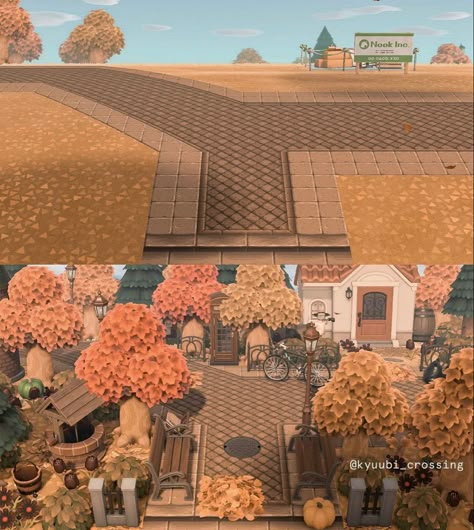 Kyuubi Crossing, Acnh Autumn, Entrance Idea, Cottagecore Animal Crossing, Animal Crossing Island Inspo, Fall City, Acnh Patterns, Deco Jungle, Ac New Leaf