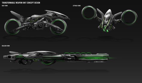 ArtStation - Transformable Bike / Jetpack / Railgun Weapon Concept Design Futuristic Technology Concept Art, Futuristic Concept Art, Tech Tattoo, Future Technology Concept, Steampunk Characters, Flight Mode, Cyberpunk Rpg, Sci Fi Tech, Concept Motorcycles