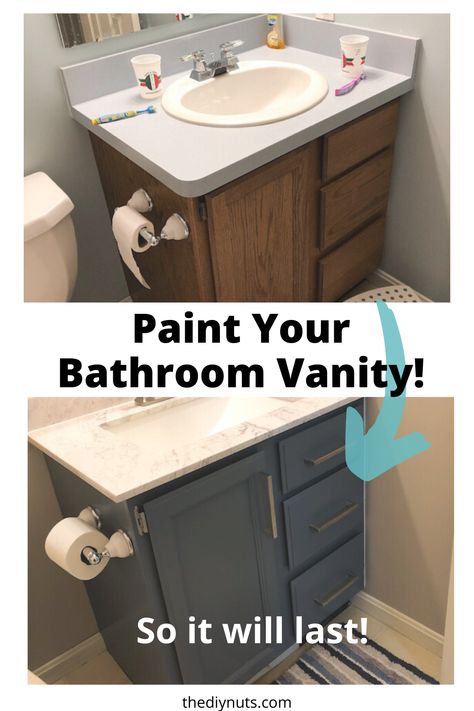 Paint Bathroom Vanity, Paint Bathroom Cabinets, Bathroom Cabinet Makeover, Cabinets Gray, Paint Bathroom, Painted Vanity Bathroom, Budget Farmhouse, Painting Bathroom Cabinets, Oak Vanity