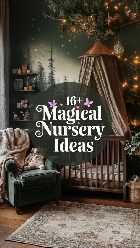 An enchanted forest-themed nursery with a canopy crib, soft lighting, and lush greenery creating a magical ambiance. Canopy In Nursery, Two Tone Nursery Walls, Witchy Baby Nursery, Slanted Ceiling Nursery, Cool Nursery Ideas, Whimsical Nursery Ideas, Fantasy Nursery Theme, Dragon Themed Nursery, Peter Pan Themed Nursery