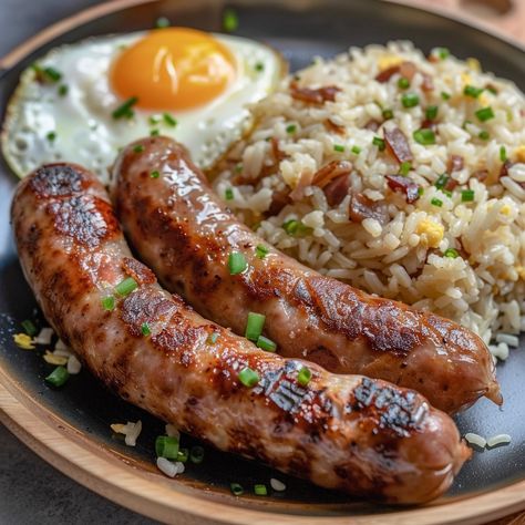 🍳 Enjoy the classic Filipino breakfast of Longsilog! 🍳✨ #Longsilog #FilipinoBreakfast Longsilog (Longanisa sausage with fried rice and egg) Ingredients: Longanisa sausages (8) Cooked rice (2 cups) Eggs (4) Garlic, minced (3 cloves) Cooking oil (2 tbsp) Salt and pepper to taste Instructions: Cook longanisa sausages in a pan over medium heat until browned and cooked through. Set aside. In the same pan, add cooking oil and sauté garlic until fragrant. Add cooked rice and stir-fry until heate... Garlic Egg Fried Rice, Longanisa Breakfast, Italian Sausage Meals, Asian Sausage, Sausage And Rice, Filipino Breakfast, Fried Sausage, Garlic Fried Rice, Egg Fried Rice