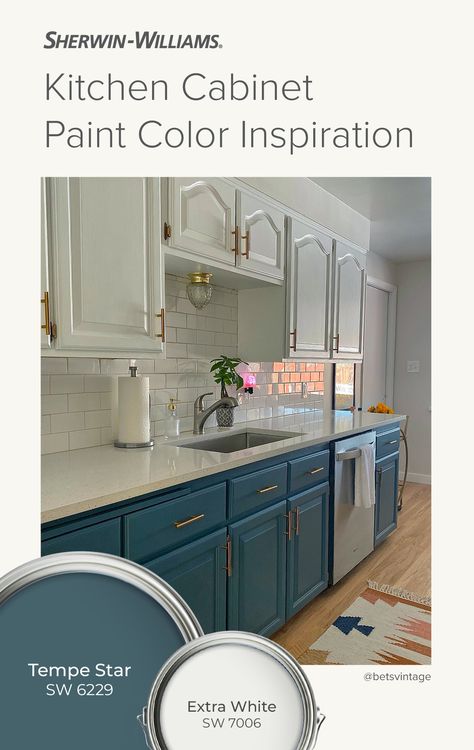 Why replace your kitchen cabinets when you can repaint them for a fraction of the cost? Two-tone color schemes are creative and on-trend, with blues and whites leading the charge. Tap this pin to order free color chips of Tempe Star SW 6229 and Extra White SW 7006 from Sherwin-Williams, then get your DIY painting project started. (Photo courtesy of @betsvintage on Instagram). #SWColorLove #diy #paint #color #kitchen #cabinets #interior #sherwinwilliams Tempe Star Sherwin Williams Cabinets, Two Tone Kitchen Cabinets Color Combinations Colour Palettes, Paint Color Kitchen Cabinets, Cabnit Paint Colors Kitchen, Tempe Star Sherwin Williams, Kitchen Colors Schemes White Cabinets, Painted Kitchen Cabinets Colors Two Tone, Sw Tempe Star, Beachy Kitchen Cabinets