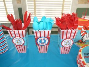 Dr. Seuss Party silverware - i think those popcorn holders are $1 at target Cat In The Hat Birthday, Doctor Suess Birthday, Dr Seuss Party Ideas, Hat Birthday Party, Dr Seuss Party, Carnival Baby Showers, Popcorn Containers, Dr Seuss Birthday Party, Hat Birthday