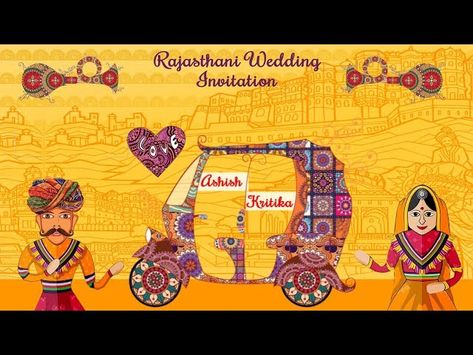 Awesome traditional Indian wedding invitation video with Rajasthani Theme, elements such as puppets, camels, and other Rajasthani elements. Rajasthani / Marwari Style Wedding Save The Date and Wedding Invitation Animated Video. Best wedding invitation video and save the date video for Whatsapp. Rajasthani Elements, Rajasthani Theme, Traditional Indian Wedding Invitations, Youtube Thumbnail Background, Rajasthani Wedding, Caricature Wedding Invitations, Indian Invitation Cards, Hindu Wedding Invitation Cards, Thumbnail Background