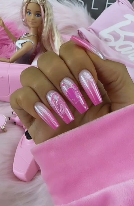 Punk Barbie Nails, Barbie Themed Nails, Bratz Nails, Barbiecore Nails, Barbie Nail, Barbie Pink Nails, Barbie Nails, Edgy Nails, Stiletto Nails Designs