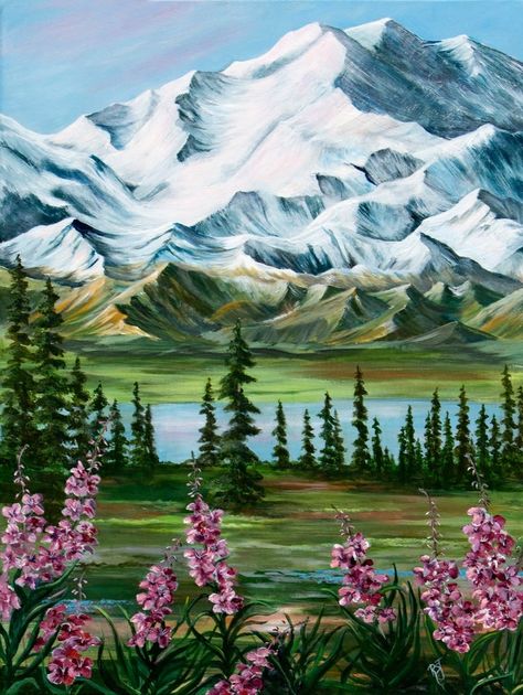 "An archival print of the original acrylic painting  by (RSJ) Rhonda Shelford Jansen.  Titled \"Denali\" a painting of Mt Denali with Black Spruce and Fireweed in the foreground. Original available at rsjartist.com. There is a version two of this painting and the main difference is that it includes a moose.  The landscape is similar.  You can find it under Alaskan Scenery category.  All prints are hand signed by me. Original available at www.rsjartist.com.  There is some cropping off the sides o Fireweed Painting, Alaska Watercolor, Alaska Artwork, Mt Denali, Alaska Painting, Flowers Mountain, Nature Paintings Acrylic, Alaskan Art, Alaskan Artist