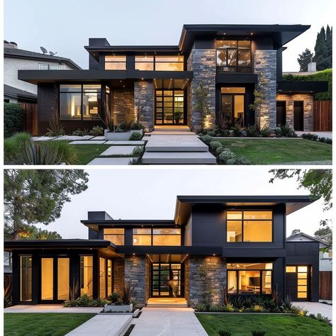 Contrast in modern house exterior colors adds depth and visual appeal to the overall design Modern House Architecture Design, Modern House Architecture, House Design Ideas, Stone Facade, Big House, Modern House Exterior Colors, House Architecture, Modern Architecture House, Luxury Homes Dream Houses