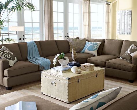 Dreamy Coastal Rooms Coastal Living Rooms Brown Couch, Coastal Rooms, Living Room Decor Brown, Room Decor Brown, Beachy Living Room, Coastal Living Room Furniture, Coastal Room Decor, Brown And Blue Living Room, Living Room Decor Brown Couch