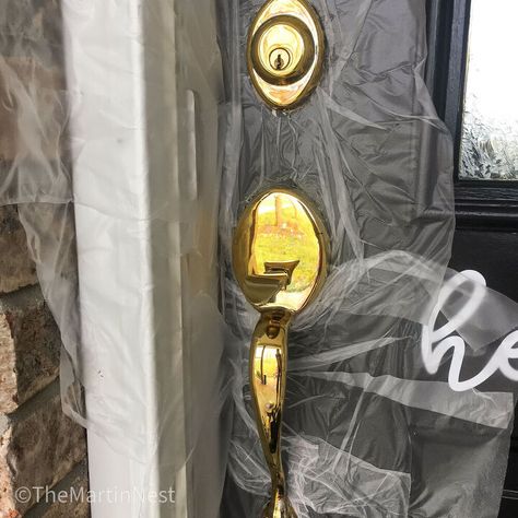 Spray Paint Front Door Handle, Update Door Hardware, Front Door Hardware Ideas, Front Door Transformation, Mercury Glass Lighting, Spray Paint Can, Front Door Hardware, Copper Top Table, Guest Bedroom Makeover