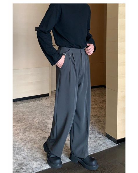 Cui Relaxed Flow Pleated Trousers • Discover Quality Street Fashion Styles From Asia • Collection: Cui's Closet . . . #koreanfashion #streetwear #streetfashion #outfitidea #styleinspo #mensfashion Long Denim Shorts, Pants Outfit Men, Pants Korean, Quality Street, Pleated Trousers, Solid Color Shirt, Pleated Pants, Formal Outfit, Fashion Styles