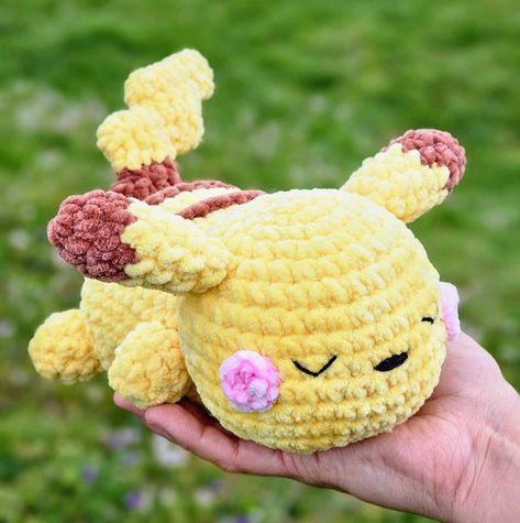 Sleepy Pika 😴 Pattern by @curiouspapaya #crochet #amigurumi #handmade #crochetaddict #plushie #smallbusinessbigdreams #lovemedeerlyhandmade #pikachu #pika #pokemon Crochet Pikachu Pattern Free, Crochet Psyduck, Pikachu Crochet Pattern Free, Crochet Pikachu, Crochet Pictures, Nerdy Crochet, Pikachu Crochet, Pokemon Crochet, Pokemon Crochet Pattern