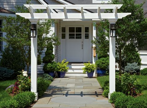 See more Front Door Arbor, Bungalow Front Door, Walpole Outdoors, Front Path, Garden Gate Design, Front Yard Design, Garden Arbor, Grey Houses, Front Gates