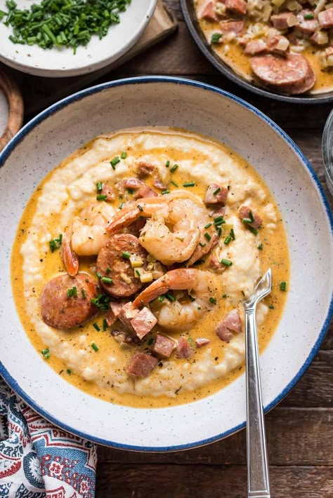 Shrimp and Smoked Sausage with Aged Cheddar Grits Sausage And Grits Recipe, Andouille Sausage Recipe, Cheddar Grits Recipe, Best Shrimp And Grits Recipe, Shrimp And Andouille Sausage, Shrimp And Cheese Grits, Cheddar Grits, Andouille Sausage Recipes, Cajun Shrimp And Grits