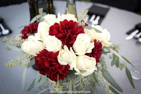 Rose and Dahlia wedding centerpiece! Centerpiece With Eucalyptus, Dahlia Centerpiece Wedding, Roses And Dahlias, White Arrangement, Rose Centerpieces Wedding, Dahlia Wedding, Dahlias Wedding, White Floral Arrangements, White Roses Wedding