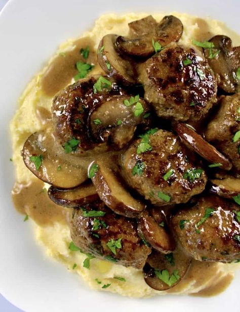 Paleo Salisbury Steak, Keto Salisbury Steak, Meatballs Paleo, Creamy Mushroom Gravy, Mother Thyme, Salisbury Steak Meatballs, Keto Meatballs, Salisbury Steak Recipes, Onion Gravy