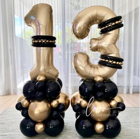 💛🖤Classic Double Digit Balloon Stack🖤💛 . . . #Lovoballoonbouquets #lovoballoonsandgifts #lovoballoon #balloonbouquet #balloonmarquee #numberballoon #balloonstack #balloonart #premiumballoondisplay #brisbaneballoons #brisbaneballoonartist #balloonartistaustralia #smallbusinessaustralia #ballooninspo #qualatex #qualatexballoons #sempertex #decrotex #13thbirthdayballoonbouquet #13thbirthdayballoonstack Balloon Bouquet With Numbers, Number Stack Balloon, Balloon Stack, Qualatex Balloons, Balloon Display, Balloon Flowers, Balloon Decor, Number Balloons, 13th Birthday