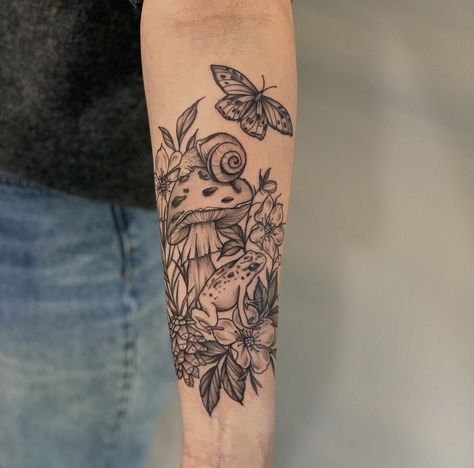 Earthy Tattoos, Nature Tattoo Sleeve, Garden Tattoos, Feminine Tattoo Sleeves, Mushroom Tattoos, Writing Tattoos, Tasteful Tattoos, Floral Tattoo Sleeve, Dope Tattoos For Women