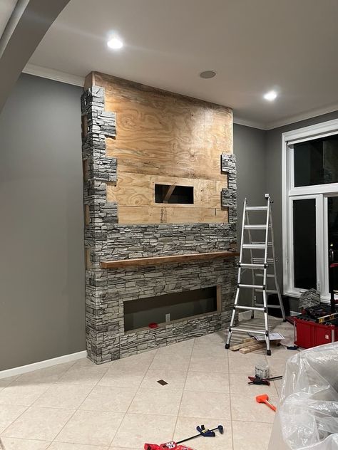 Tim's Electric Fireplace and TV Wall Project - GenStone Electric Fireplace Ideas Stone Wall, Stone Tv Wall Ideas Living Room, Tv Stone Wall, Build An Electric Fireplace, Fireplace And Tv Wall, Stone Tv Wall, Electric Fireplace And Tv, Faux Stone Electric Fireplace, Stone Electric Fireplace