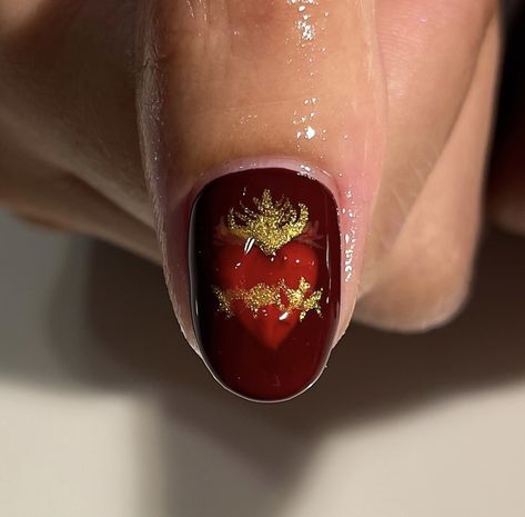 Sacred Heart Nail Design, Nails Sacred Heart, Sagrado Corazon Nails, Mexican Heart Nails, Medieval Nail Art, Catholic Nail Art, Sacred Heart Nail Art, Sacred Heart Illustration, Pomegranate Nails