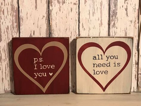 Valentine Heart Block With Sayings-Assorted Sayings-5.5" square Valentine Wood Crafts Diy Wooden Blocks, Prim Valentine Decor, Valentine’s Day Wood Signs, Valentine Wooden Hearts, Wood Block Signs Lowe's, Valentine Wood Crafts, Primitive Wood Signs, Heart Blocks, Diy Website