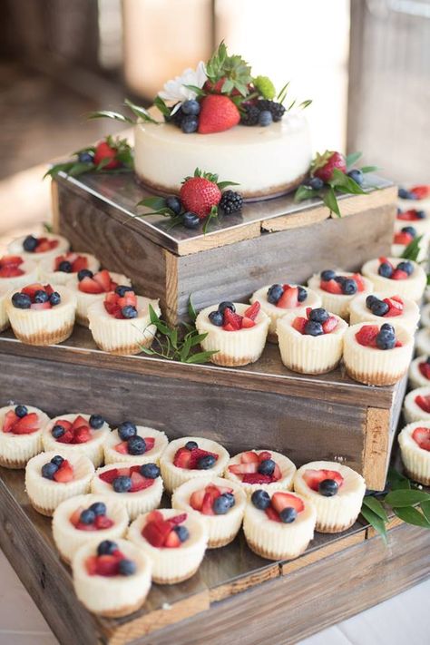 Bride And Grooms Cake On Same Table, Wedding Small Desserts, Cheesecake Bites Wedding Display, Wedding Cake For Bride And Groom Only, Cheesecake At Wedding, Small Cake And Cupcakes Wedding, Summer Wedding Desserts, Garden Wedding Dessert Table, Desert Table Wedding Ideas