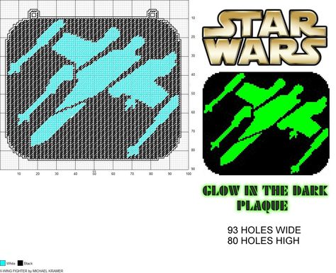 X-Wing Fighter Glow in Dark Window Plaque plastic canvas pattern by Michael Kramer Perler Bead Star, 70s Crafts, Dark Characters, Bead Star, Dark Window, Canvas Cartoon, Movie Crafts, Star Wars Crafts, X Wing Fighter