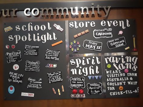 Community Board! Chick-fil-A Woodbury Town Center Community Board Ideas Display, Chick Fil A Community Board Ideas, Community Board Ideas, Info Wall, Staff Bulletin Boards, Cow Appreciation Day, Community Bulletin Board, Merchandising Ideas, School Store