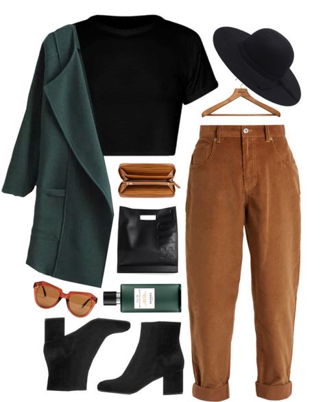 I love every part of this outfit, though I probably wouldn’t wear the hat Brown Pants, Outfits With Hats, Mode Vintage, Looks Vintage, Grunge Fashion, Polyvore Outfits, Outfits Casuales, Outfits Casual, Work Outfits