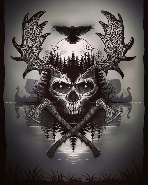 Viking Skull Art, Tattoos Viking, Simbols Tattoo, Yggdrasil Tattoo, Tattoos Chest, Celtic Tattoos For Men, Viking Warrior Tattoos, Arte Viking, Viking Tattoo Sleeve