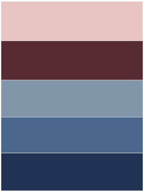 This Colour Scheme + Copper/Rose Gold and creamy white accents Pantone 13-1520 Rose Quartz Pantone 19-1725 TCX Tawny Port Pantone 16-4010 TPX Dusty Blue Pantone 17-4028 Riverside Pantone 19-4027 TCX Midnight Blue Dusty Blue Pantone, Burgundy Bedroom, Blue Pantone, Murs Roses, Dusty Blue Color, Azul Vintage, Copper Rose Gold, Color Board, Copper Rose