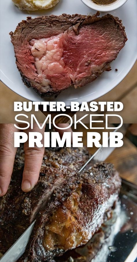 Butter-Basted Smoked Prime Rib Prime Rib Rub Recipe, Smoked Prime Rib Recipe, Holiday Prime Rib, Smoked Prime Rib Roast, Smoked Prime Rib, Perfect Prime Rib, Cooking Prime Rib, Rib Roast Recipe, Standing Rib Roast