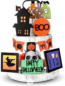 Cute Halloween Decorations Indoor, Kitchen Table Desk, Halloween Tiered Tray Decor, Cute Halloween Decorations, Boo Sign, Witch Signs, Happy Halloween Witches, Witch Pumpkin, Party Stand