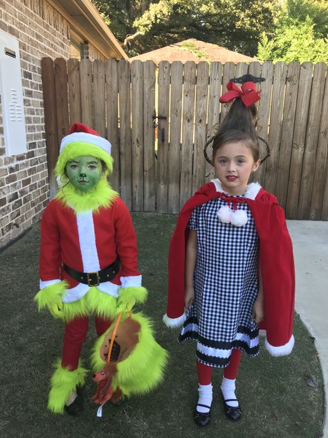 Halloween Costumes, The Grinch and Cindy Lou Who Grinch Day At School Outfit, Cindy Loo Who Costume, Diy Grinch Costume, Kids Grinch Costume, Cindy Lou Costume, Grinch Day At School, The Grinch And Cindy Lou, Grinch And Cindy Lou, Whoville Costumes