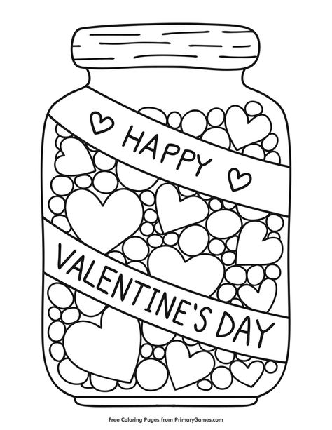 Free printable Valentine's Day Coloring Pages eBook for use in your classroom or home from PrimaryGames. Print and color this Hearts in a Jar coloring page. Valentine Coloring Sheets, Printable Valentines Coloring Pages, Candy Coloring Pages, Valentines Day Coloring Page, Valentine Coloring Pages, Heart Coloring Pages, Valentines Day Coloring, Printable Valentines Cards, Preschool Valentines