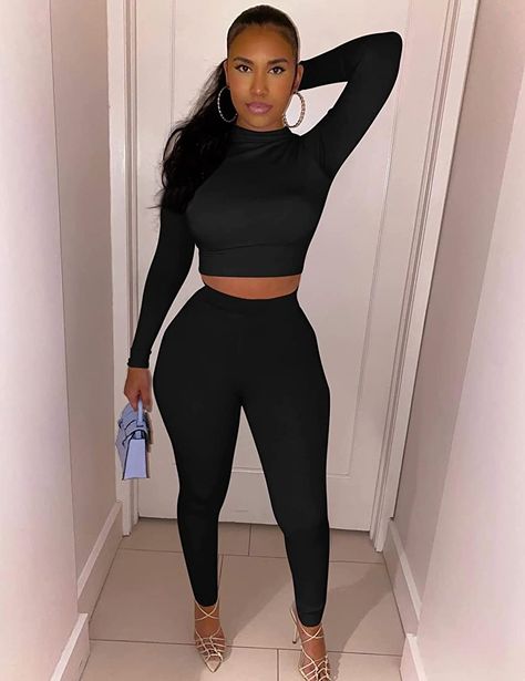 Two Piece Legging Outfit, Leggings And Crop Top Outfits, Black High Neck Top, Outfits Long Sleeve, Tennis Outfit Women, Black Long Sleeve Crop Top, Black Leggings Outfit, Strappy Crop Top, Crop Top And Leggings